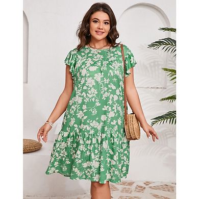 Womens Plus Size Casual Short Sleeve Flare Loose Flowy Beach Sundress with Pockets