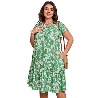 Womens Plus Size Casual Short Sleeve Flare Loose Flowy Beach Sundress with Pockets