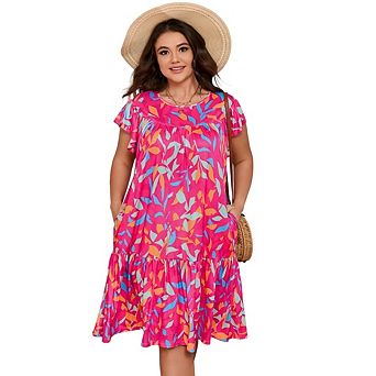 Womens Plus Size Casual Short Sleeve Flare Loose Flowy Beach Sundress with Pockets