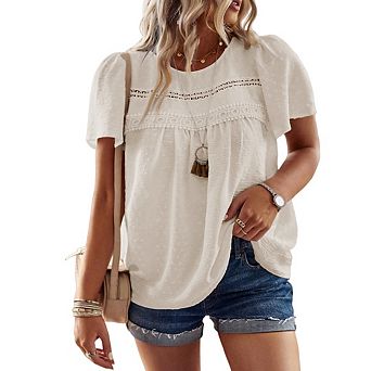 Womens Plus Size Crewneck Short Sleeve Casual Flowy Lace Hem Boho Tee Shirt