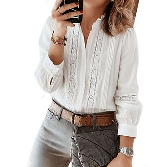 Women's Boho Long Sleeve Lace Blouse Ruffled High Neck Puff Pleated Front Casual Top