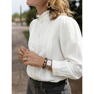 Women's Boho Long Sleeve Lace Blouse Ruffled High Neck Puff Pleated Front Casual Top