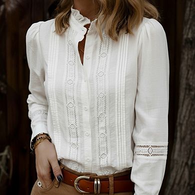 Women's Boho Long Sleeve Lace Blouse Ruffled High Neck Puff Pleated Front Casual Top