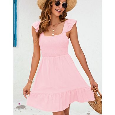 Women's Summer Ruffle Sleeve Dresses Smocked Square Neck Tie Back Boho Flowy Casual Mini Dress