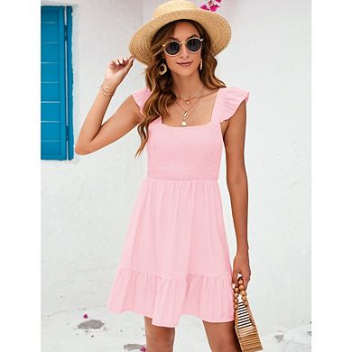 Women's Summer Ruffle Sleeve Dresses Smocked Square Neck Tie Back Boho Flowy Casual Mini Dress