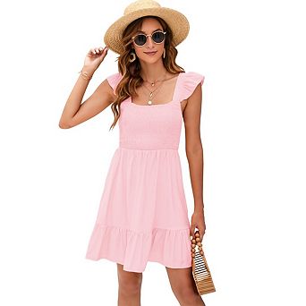 Women's Summer Ruffle Sleeve Dresses Smocked Square Neck Tie Back Boho Flowy Casual Mini Dress