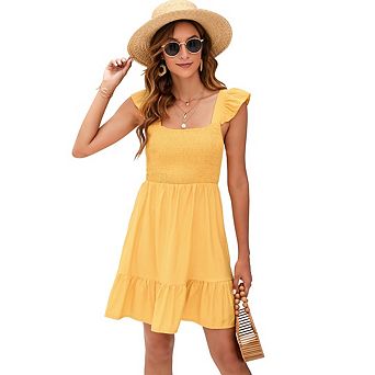 Women's Summer Ruffle Sleeve Dresses Smocked Square Neck Tie Back Boho Flowy Casual Mini Dress