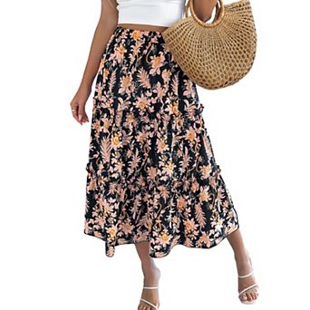 Long Skirts for Women Boho Floral Flowy Tiered Ruffle A Line Elastic Waist Summer Midi Skirts