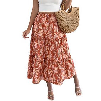 Long Skirts for Women Boho Floral Flowy Tiered Ruffle A Line Elastic Waist Summer Midi Skirts
