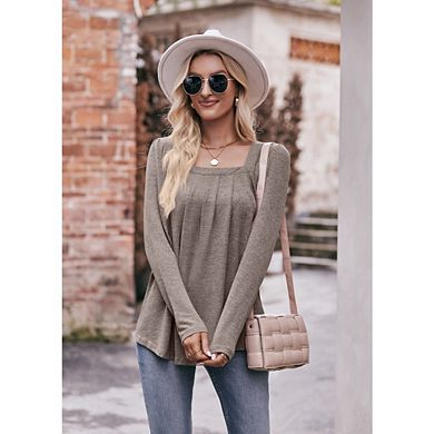 Women's Square Neck Pleated Long Sleeve Blouse Loose Fit Soft Office Wear