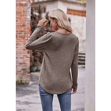 Women's Square Neck Pleated Long Sleeve Blouse Loose Fit Soft Office Wear