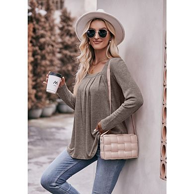 Women's Square Neck Pleated Long Sleeve Blouse Loose Fit Soft Office Wear