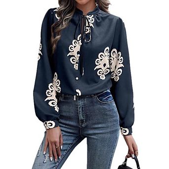 Women's Boho Floral Blouse Tie Neck Casual Dressy Long Sleeve Button Front Shirt