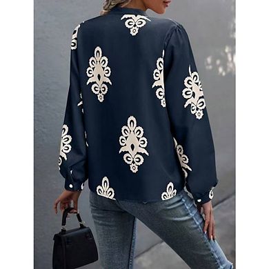 Women's Boho Floral Blouse Tie Neck Casual Dressy Long Sleeve Button Front Shirt