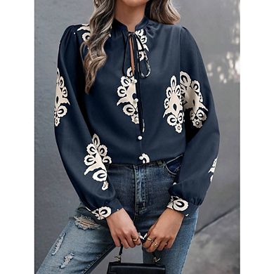 Women's Boho Floral Blouse Tie Neck Casual Dressy Long Sleeve Button Front Shirt