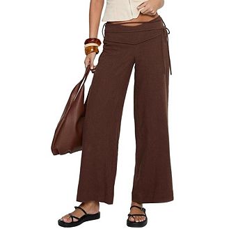 Women's Wide Leg Pants with Tie Waist Linen-Blend Y2K Casual Flowy Trousers