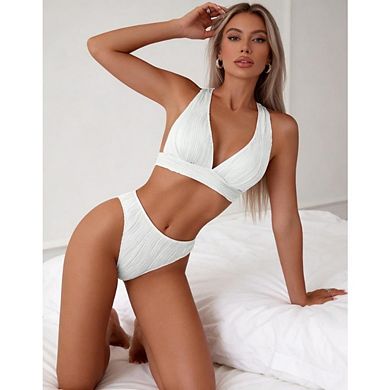 Women's Two Piece Bikini Sets High Cut Solid Color Swimsuits Halter Bathing Suits