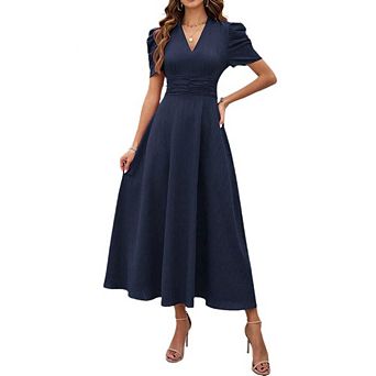 Womens Summer Casual Short Puff Sleeve Midi Dress V Neck Semi Formal Cocktail A Line Dress