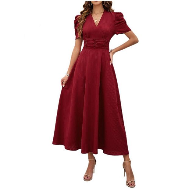 Womens Summer Casual Short Puff Sleeve Midi Dress V Neck Semi Formal  Cocktail A Line Dress