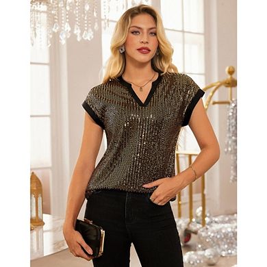 Women's Sequin V Neck Short Sleeve Blouse Sparkly Party Evening Top