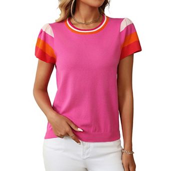 Women Puff Short Sleeve Contrast Trim Knit Sweater Top Crew Neck Summer Casual Shirt Boho Blouse