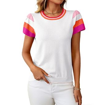 Women Puff Short Sleeve Contrast Trim Knit Sweater Top Crew Neck Summer Casual Shirt Boho Blouse