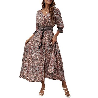 bohemian casual print v neck waist wrap long dress womens bohemian v neck beach dress floral print short sleeve