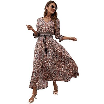 empire waist beach dress Breezaya Women's Solid Color V-Neck Empire Waist Overlap Ruffle Sleeve  Simple Spring/Summer Dress Maxi Vacation Beach Outfit