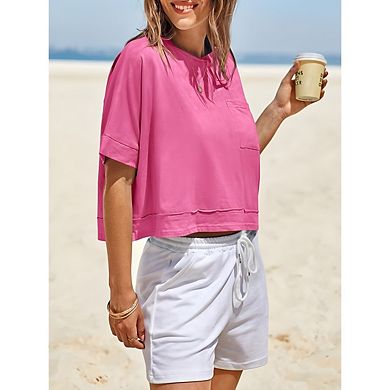 Womens Oversized Crop Tops Short Sleeve Casual Loose Fit Basic Tee Shirts with Pockets