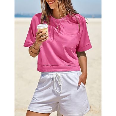 Womens Oversized Crop Tops Short Sleeve Casual Loose Fit Basic Tee Shirts with Pockets
