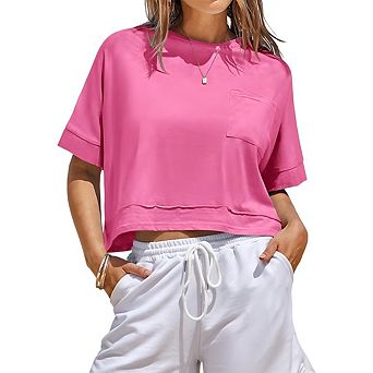 Womens Oversized Crop Tops Short Sleeve Casual Loose Fit Basic Tee Shirts with Pockets