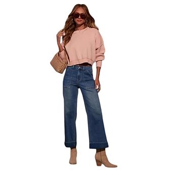 Women's Wide High Waisted Stretchy Straight Baggy Loose Ankle Denim Pants