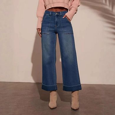 Women's Wide High Waisted Stretchy Straight Baggy Loose Ankle Denim Pants