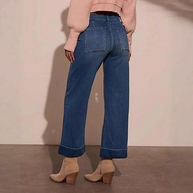 Women's Wide High Waisted Stretchy Straight Baggy Loose Ankle Denim Pants