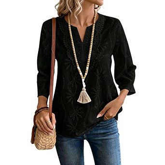 Women's Boho 3/4 Sleeve Blouse Eyelet Embroidery V Neck Blouse Top for Beach