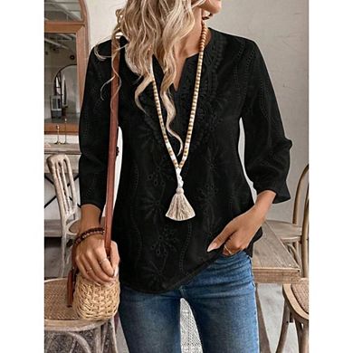 Women's Boho 3/4 Sleeve Blouse Eyelet Embroidery V Neck Blouse Top for Beach