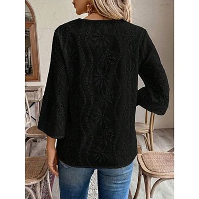 Women's Boho 3/4 Sleeve Blouse Eyelet Embroidery V Neck Blouse Top for Beach