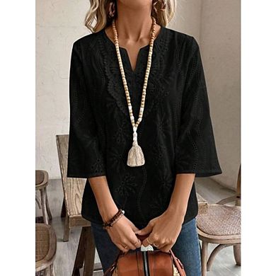 Women's Boho 3/4 Sleeve Blouse Eyelet Embroidery V Neck Blouse Top for Beach