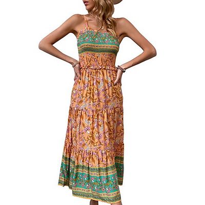 Women's Smocked Top Maxi Dress Shirred Bodice Spaghetti Strap Dress Bohemian Ruffle Hem Ethnic Print for Beach,L,Orange