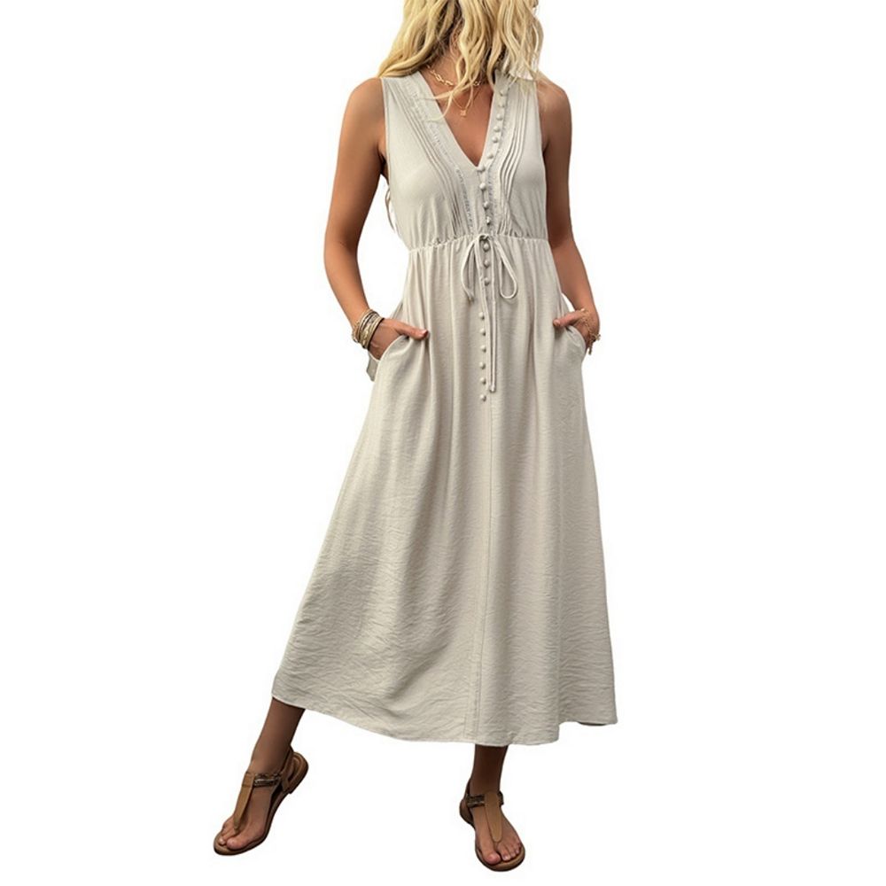 Women's Summer Casual Dresses Sleeveless V Neck Sundress Solid Color ...