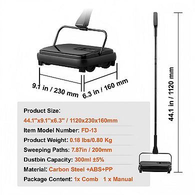 Lufeiya 7.87 in Manual Carpet Sweeper with Roller Brush, 300 ml Dustbin