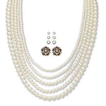 Simulated Pearl Silvertone and Goldtone Necklace and Earring Set, 20 in