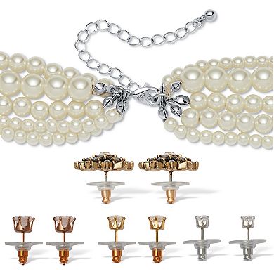 Simulated Pearl Silvertone and Goldtone Necklace and Earring Set, 20 inches