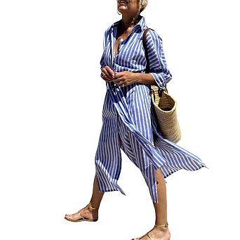 Women's Striped Shirt Dress - Casual Belted Maxi Dress with Side Slit