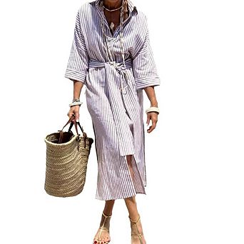 Women's Striped Shirt Dress - Casual Belted Maxi Dress with Side Slit