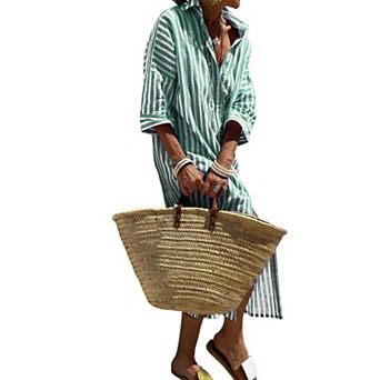 Women's Striped Shirt Dress - Casual Belted Maxi Dress with Side Slit