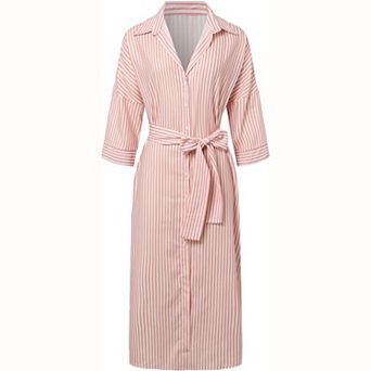 Women's Striped Shirt Dress - Casual Belted Maxi Dress with Side Slit