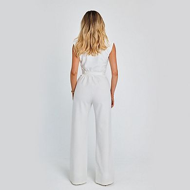 Women's Sleeveless Wide Leg Jumpsuit - Elegant Belted Solid Color One Piece Outfit