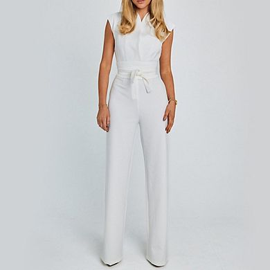 Women's Sleeveless Wide Leg Jumpsuit - Elegant Belted Solid Color One Piece Outfit