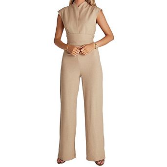 Women's Sleeveless Wide Leg Jumpsuit - Elegant Belted Solid Color One Piece Outfit